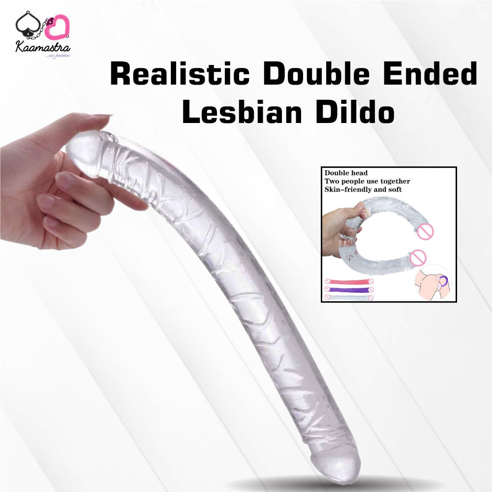 Realistic double-ended lesbian dildo with a hand holding it, on a white background.