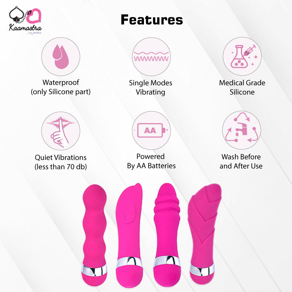 Features of Mini Vibrating Wand – waterproof silicone, quiet vibrations, powered by AA batteries, medical-grade silicone